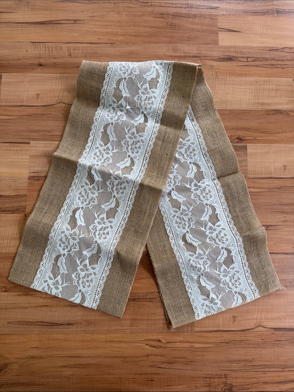 NEW Rustic Burlap Table Runner w/ White Lace Inset - Wedding, Farmhouse 11”x106”
